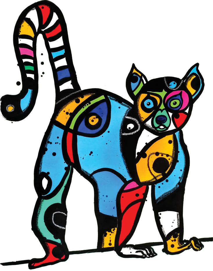 A colorful cat with a long tail and a big head.