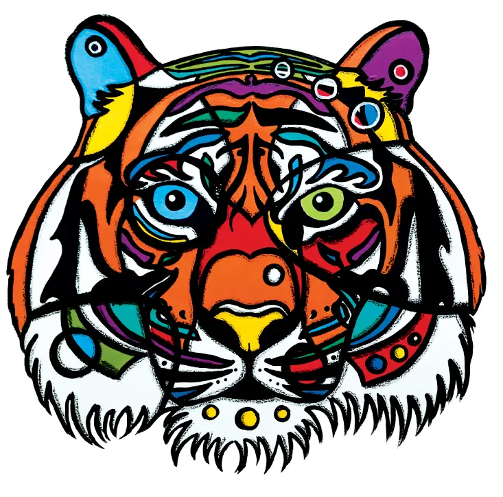 A colorful tiger with many colors on it's face.