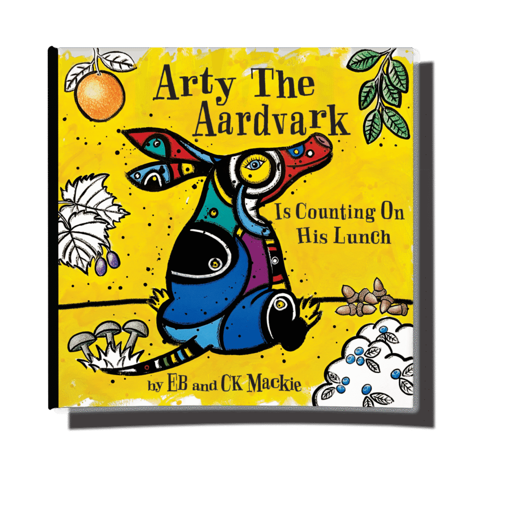 "Arty the Aardvark Is Counting on His Lunch children's book cover featuring hand-painted abstract artwork of a colorful aardvark character surrounded by vibrant food illustrations, created by award-winning authors EB and CK Mackie"