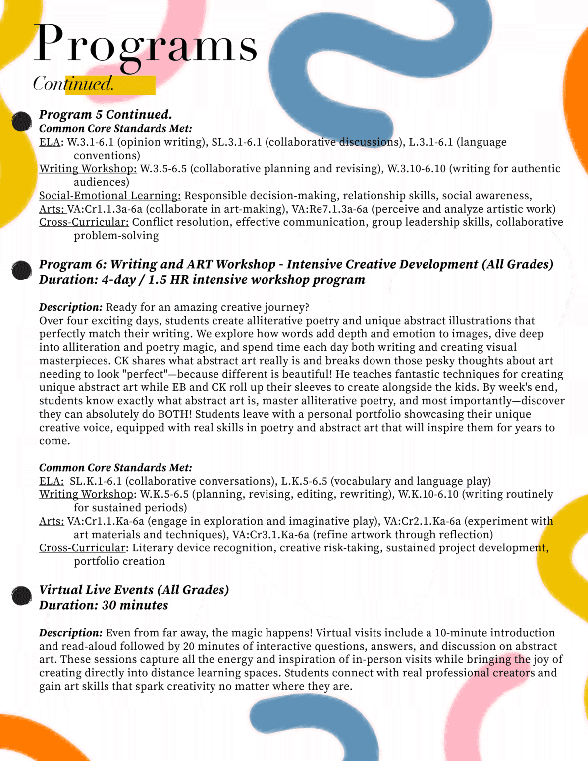 Elementary school programs overview showing Creative Story-time Foundations and Wildlife Adventure Play & Learn for grades Pre-K through 3 with Common Core standards