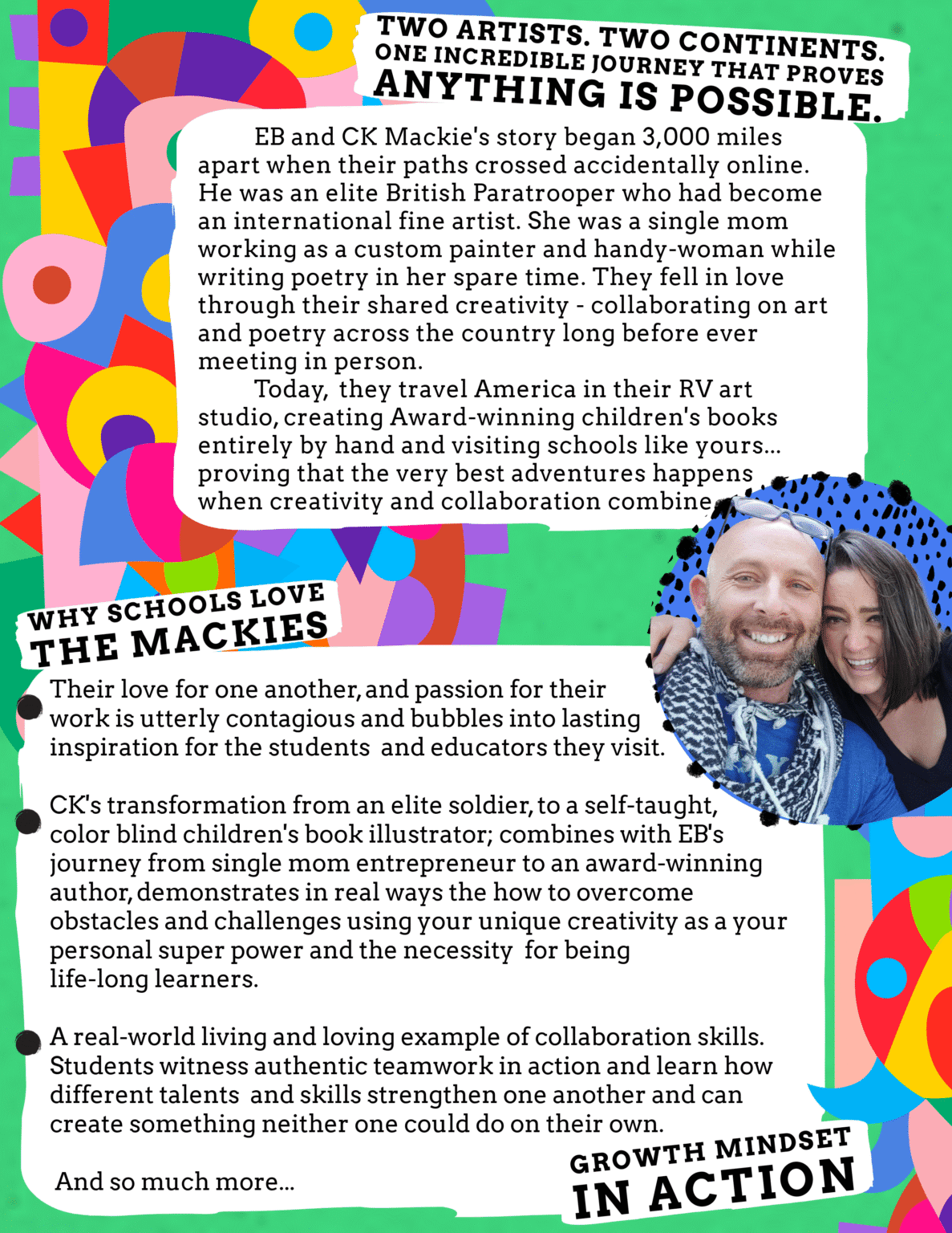 EB and CK Mackie love story from British Paratrooper and single mom to award-winning children's book authors, explaining why schools choose their collaborative approach