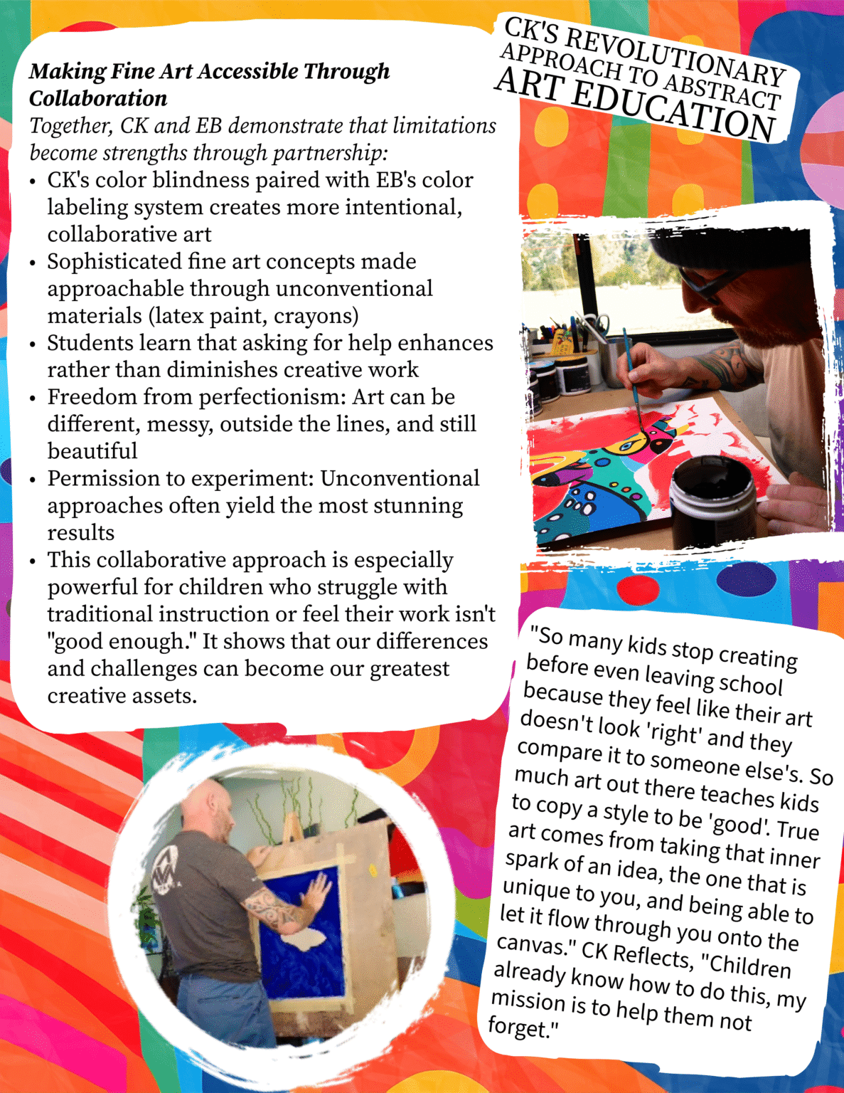 CK Mackie abstract art education philosophy showing colorblind artist creating with unconventional materials and collaborative teaching methods for children