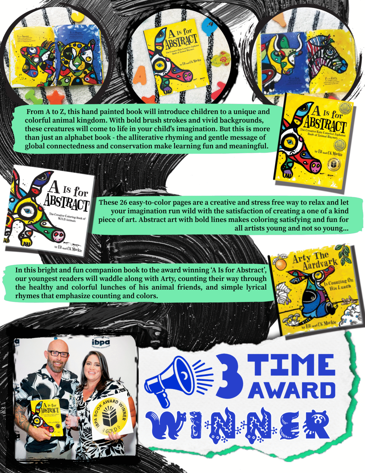Three-time award-winning children's books A Is for Abstract, coloring book, and Arty the Aardvark featuring IBPA Benjamin Franklin Gold Award and hand-painted illustrations