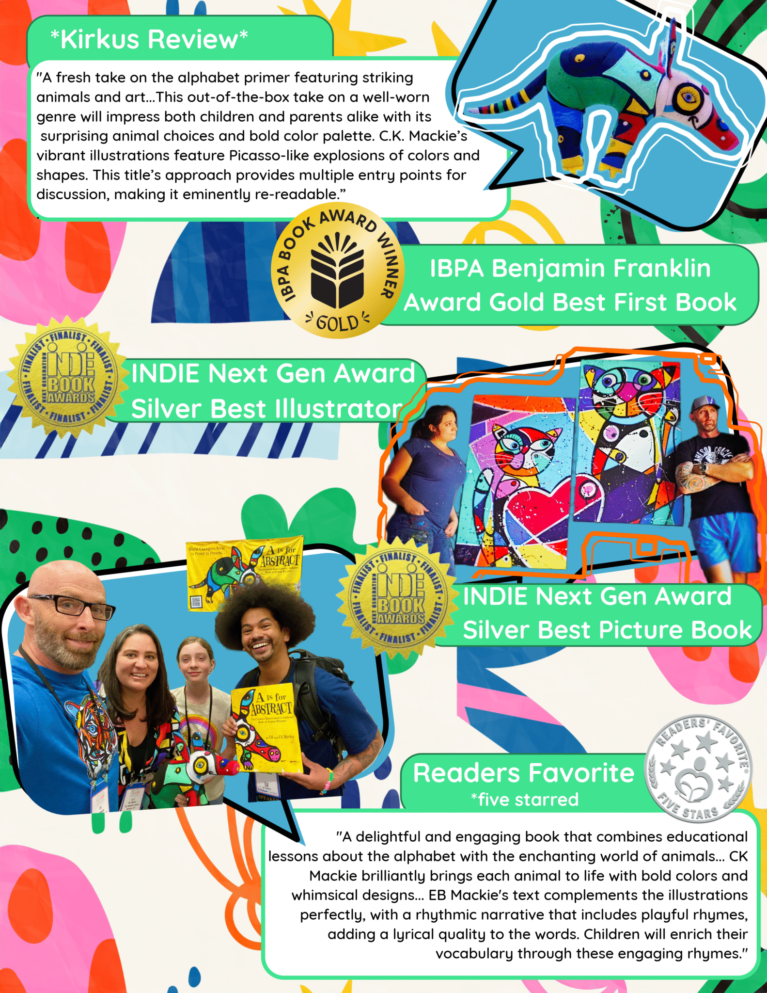 Professional reviews from Kirkus and Readers Favorite with IBPA Benjamin Franklin Gold Award and Next Generation Indie Book Awards recognition for A Is for Abstract