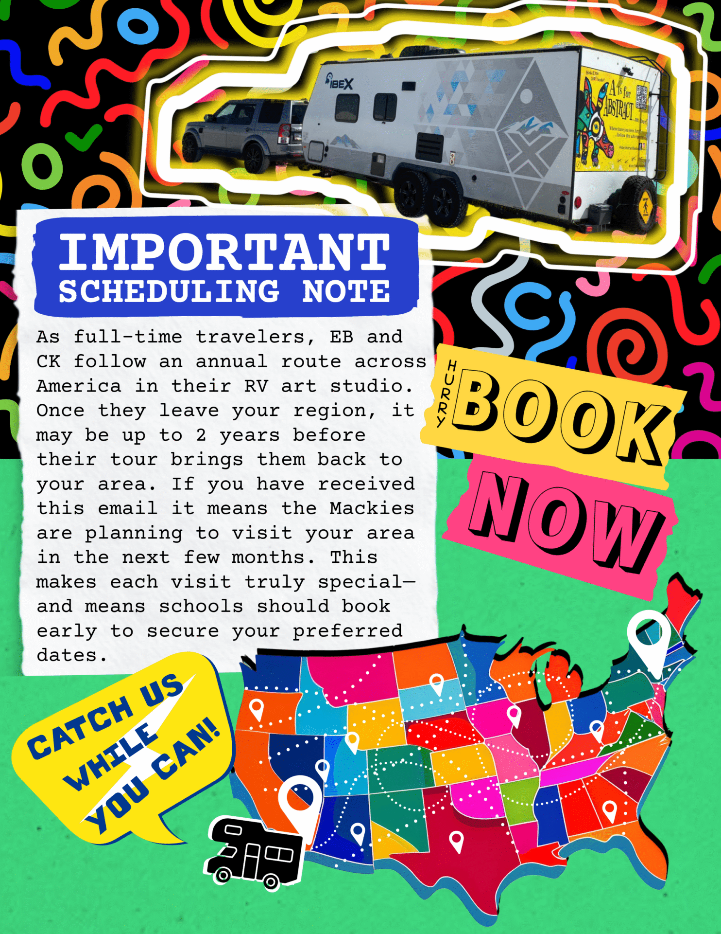 Author visit scheduling information showing EB and CK Mackie RV travel route across America with 2-year booking cycle and early reservation requirements