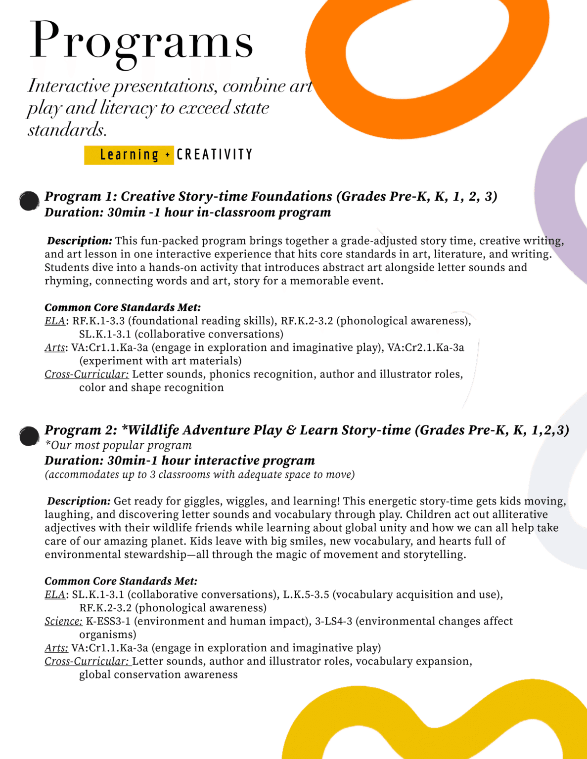 School visit programs for grades Pre-K through 6 including Arty's Abstract Art Adventure and Multi-Day Library collaboration with Common Core standards alignment